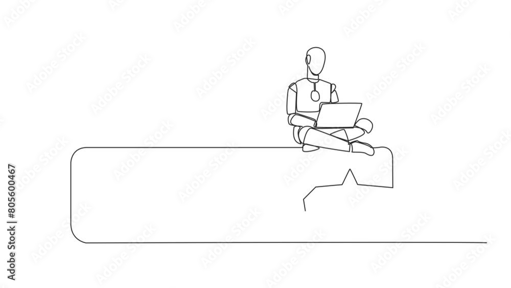 Poster animation of one line drawing of single one line drawing robot sitting on rating board typing laptop