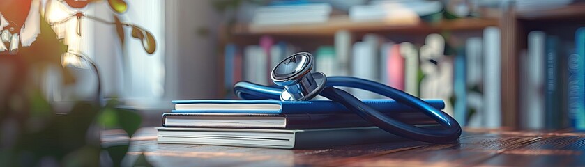 Capture a tilted angle view of a stethoscope elegantly draped over a stack of medical textbooks
