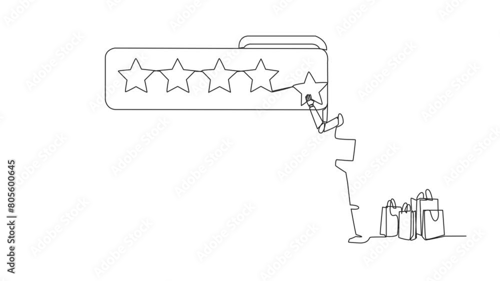 Poster animated self drawing of continuous one line drawing robot standing facing giant smartphone trying t