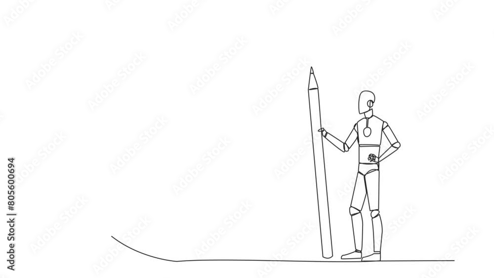 Poster animated self drawing of single continuous line drawing robot stands holding a large pencil and next