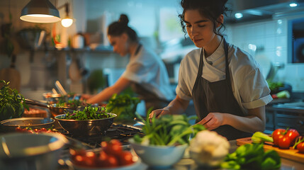 Culinary expert putting fresh chopped herbs in pan while cooking gourmet dish for dinner service at fine dining restaurant. Head chef preparing organic meal in professional kitchen.