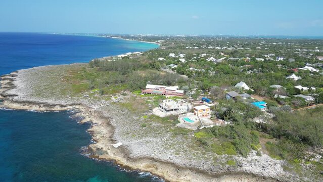 Aerial view of the Bodden Town, Savannah, Prospect in Grand Cayman, Cayman Islands Caribbean island British oversea territory surrounded by pristine sea blue turquoise 