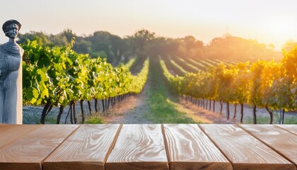 empty wooden table top against a blurred vineyard during a beautiful sunset