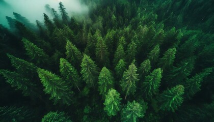 aerial top view of green trees in the mist in the forest pine trees ai generate