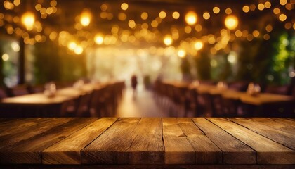 empty brown wooden table and blur background of abstract of resturant lights people enjoy eating can be used for montage or display your products