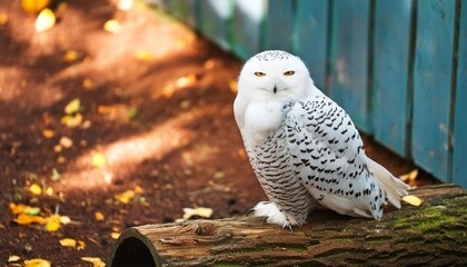 white owl sits on a trunk