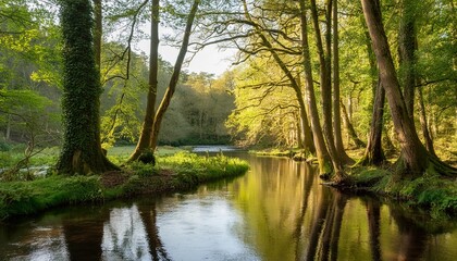 enchanted woodlands serene capture of forest bathed in gentle morning sunlight reflecting in tranquil river ideal nature landscape and scenic collections