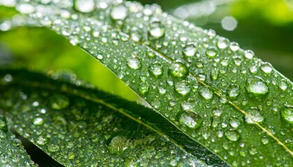 fresh green leaf with dew drops closeup abstract nature background