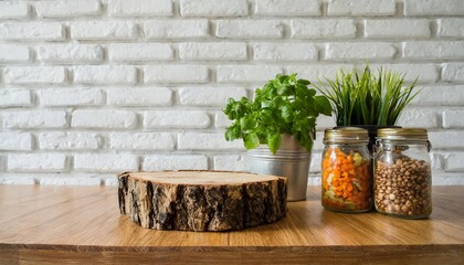 empty wooden log on kitchen table with food jars and plants over white brick wall background kitchen mock up for design and product display