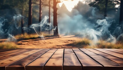 wooden table background with smoke
