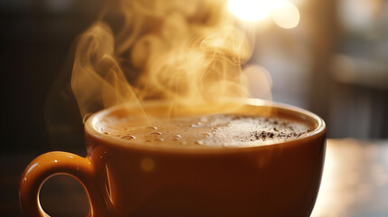 Closeup of a steaming coffee mug with a blurred background and shallow depth of field in warm lighting creating a cozy atmosphere