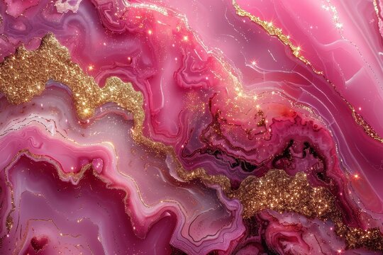 A vivid photograph capturing the intricate details of a pink geode with glittering golden elements, symbolizing opulence