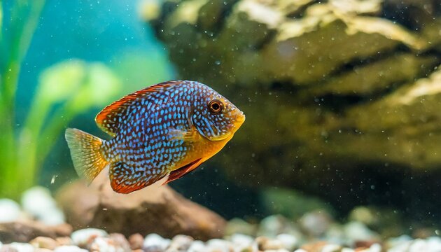 tropheus moorii kasakalawe a species of colorful cichlid fish from lake tanganyika swimming near a rocky structure in an aquarium