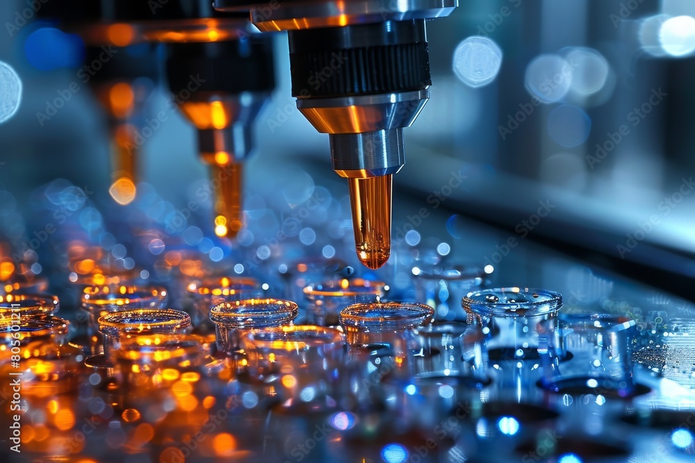 Poster illuminated robotic arm selecting test tubes in a high-tech laboratory setting, with focus on the sy