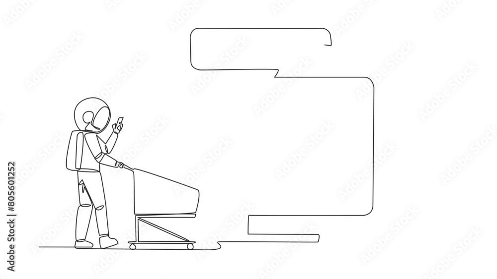 Aufkleber animation of one line drawing of continuous one line drawing astronaut walking carry trolley while t