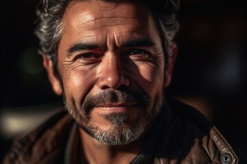 Obraz premium A man with a beard and a brown jacket is smiling