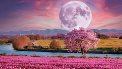 fantasy cherry moon over the field and the river