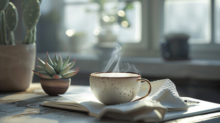 Steaming cup of coffee on an open notebook, surrounded by potted plants and soft morning light filtering through the window.