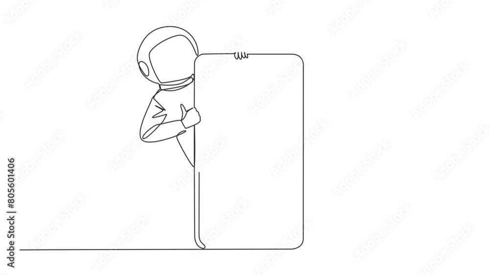 Poster animation of one line drawing of continuous one line drawing astronaut stand behind big smartphone, 