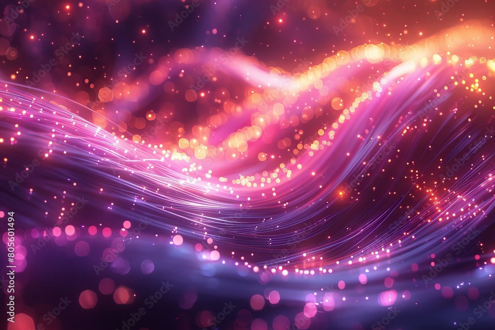 Poster this image showcases a vibrant spectrum of light waves intertwined with floating particles creating 