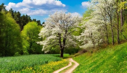 blossoming tree in the colourful forest abstract springtime background