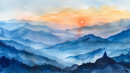 Capture a serene watercolor landscape of a distant figure practicing yoga on a tranquil mountain summit at sunrise Inspire peace and mindfulness in viewers