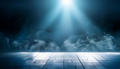 mysterious and atmospheric scene with dark empty space floor is illuminated by spotlight creating dramatic interplay of light and shadows presence of smoke or mist element of mystery ambiance