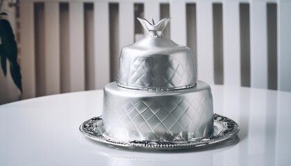 silver metal cake on white table
