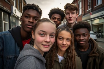 Fototapeta premium A group of young people are posing for a picture, with one girl smiling