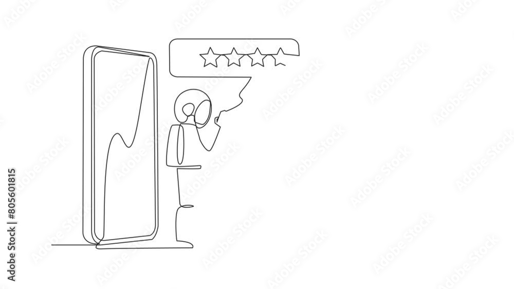 Poster self drawing animation of single one line drawing astronaut walked out of big smartphone while pushi