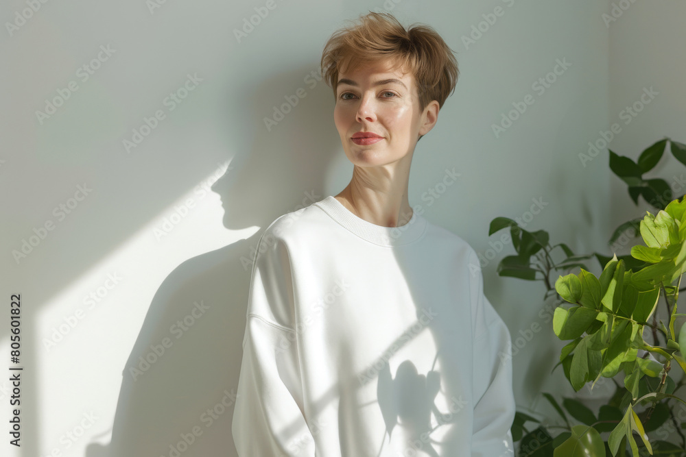 Wall mural Mockup. Middle aged woman wearing blank white crewneck sweatshirt. Woman standing indoors near white wall and green plant leaves with sunlight and shadows. Mock up template for sweatshirt design