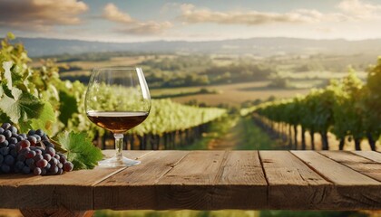 an empty wooden tabletop features a glass of wine set against the blurred backdrop of a vineyard...