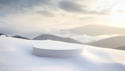 white podium on snow hill and background of white sky with clouds high quality photo