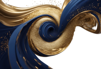 Liquid Swirls in Beautiful Navy Blue colors with Gold Powder Luxurious Design isolated on transparent background