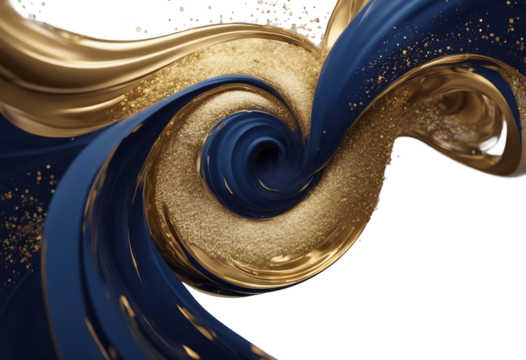 Liquid Swirls in Beautiful Navy Blue colors with Gold Powder Luxurious Design isolated on transparent background