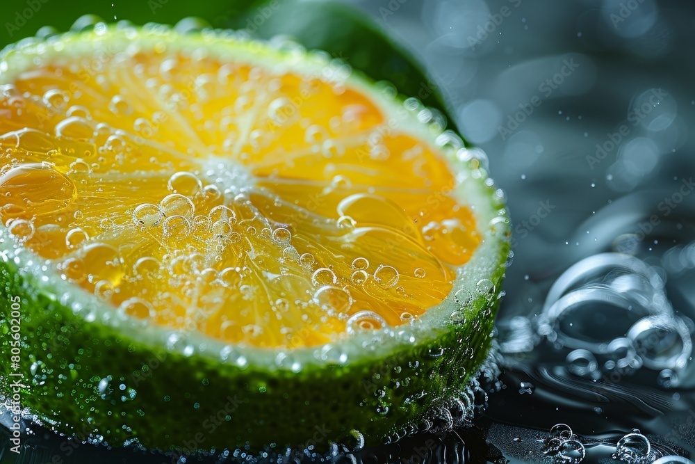 Aufkleber close-up of a lime slice submerged in water, surrounded by tiny air bubbles creating a sense of fres