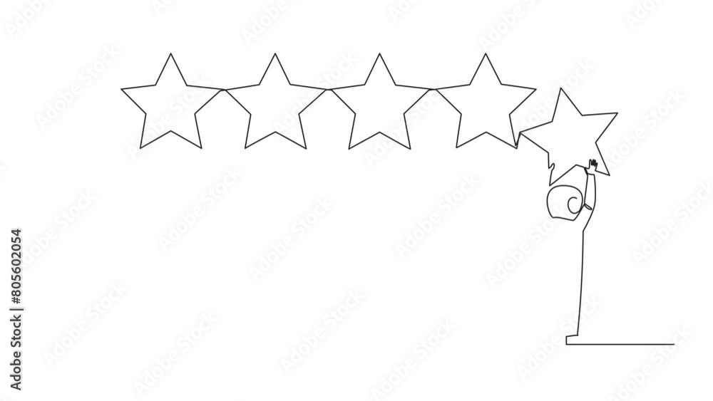 Poster animated self drawing of single one line drawing astronaut holding up a star with both hands and pas