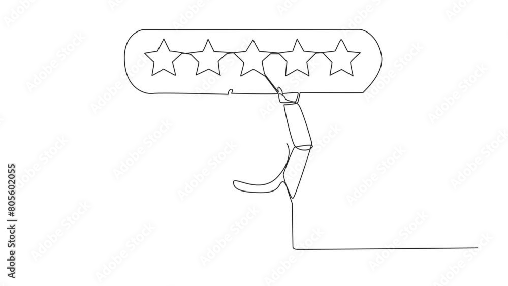 Poster animation of one line drawing of continuous one line drawing astronaut holding rating board which co