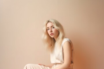 Naklejka premium A blonde woman is sitting on a couch with her legs crossed