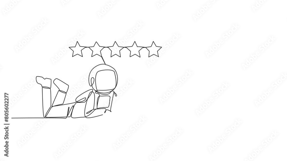 Poster animated self drawing of single continuous line drawing young astronaut on stomach while typing on l