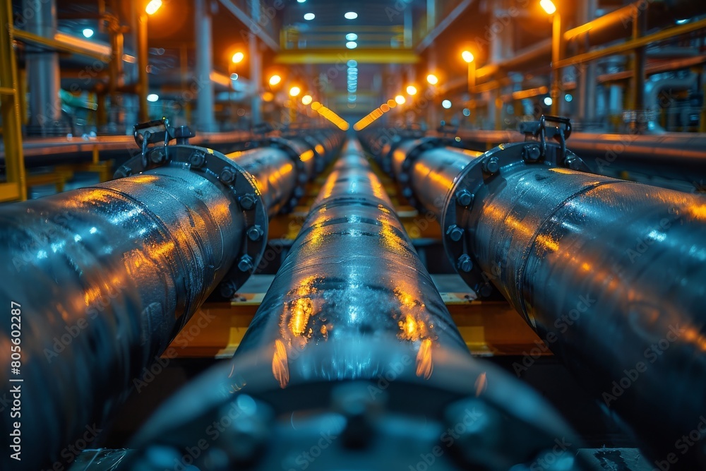 Poster detailed close-up of industrial pipelines in a factory, focused on the mechanics and engineering asp