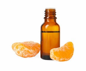 Aromatic tangerine essential oil in bottle and citrus fruit isolated on white