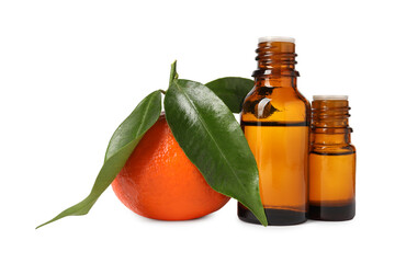 Aromatic tangerine essential oil in bottles and citrus fruit isolated on white