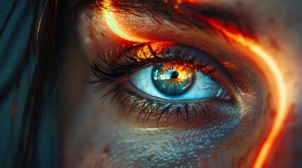 close-up image of a blue human eye with laser beams, representing eye check-ups, diagnosis, and...