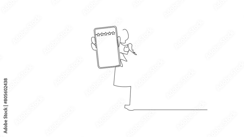 Poster animated self drawing of single continuous line drawing arabian woman standing holding smartphone sh
