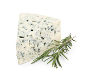 Tasty blue cheese with rosemary isolated on white