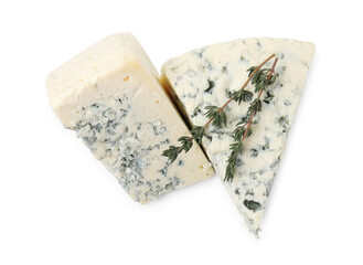 Tasty blue cheese with thyme isolated on white, top view