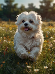 white Maltese dog running through a grassy meadow surrounded by greenery and wildflowers