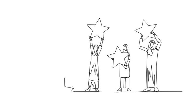 Self drawing animation of single one line drawing group of three Arabian women and two Arabian men raised their respective stars. Positive feedback and the best review. 5 star. Full length animated