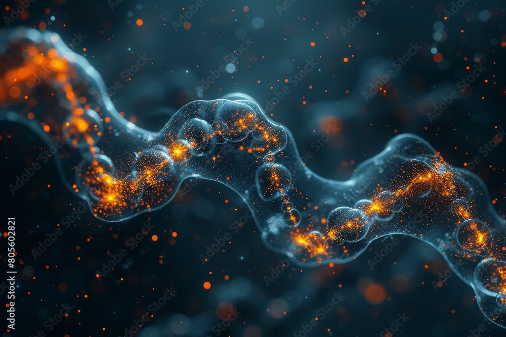 Poster a 3d rendering of a twisting dna helix brightly lit with orange particles that represent complex bio